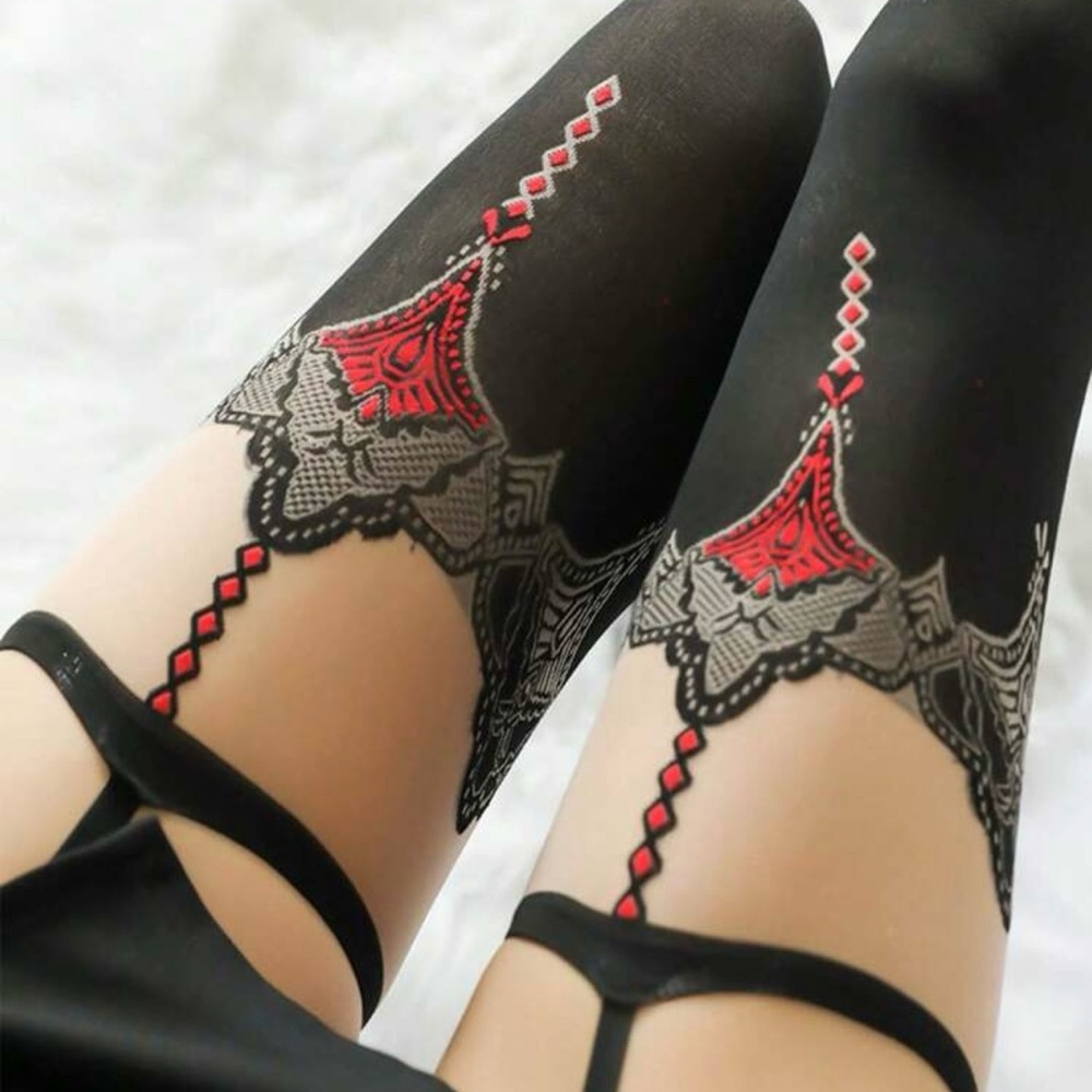 Elegant Black and Red Lace Stockings